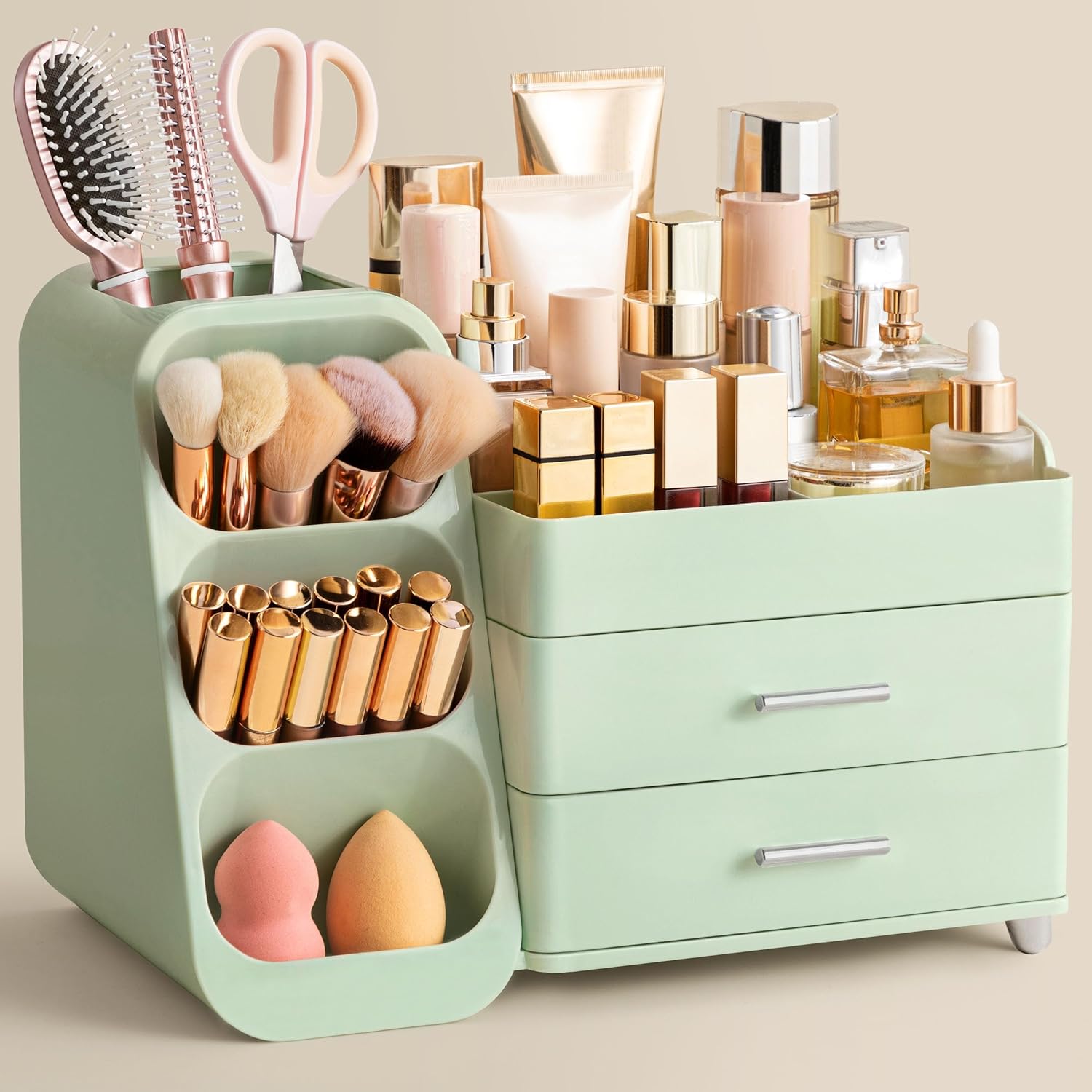 HBlife Makeup Organizer with Brush Holder for Vanity, Large Plastic Bathroom Countertop Organizer Skin Care Storage, Easy to Store Lipsticks, Nail Polishes, Perfumes, Eyeshadow Palettes, All Green
