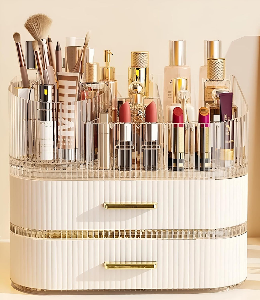 Makeup Organizer with Drawers and 360° Rotating Brush Holder, Large Capacity Cosmetic Storage for Vanity, Skincare, Perfume, Hair Accessories, Lipstick & Jewelry (Cream White, 3-layer)