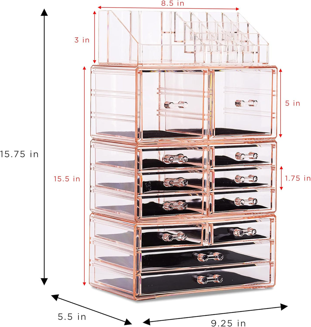 Sorbus Large Makeup Organizer - Clear Stackable Jewelry & Makeup Organizer For Vanity, Bathroom Storage, Dresser - 12 Drawers Cosmetic Beauty Organizers and Storage with Lipstick, Makeup Brush Holder