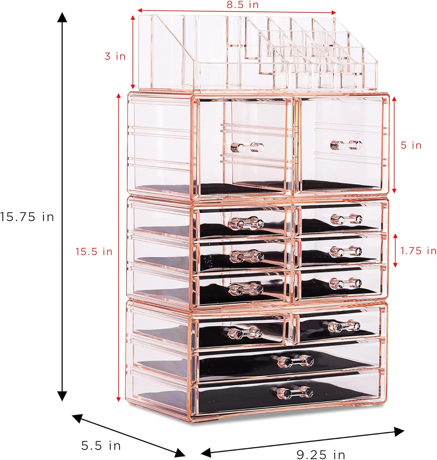 Sorbus Large Makeup Organizer - Clear Stackable Jewelry & Makeup Organizer For Vanity, Bathroom Storage, Dresser - 12 Drawers Cosmetic Beauty Organizers and Storage with Lipstick, Makeup Brush Holder