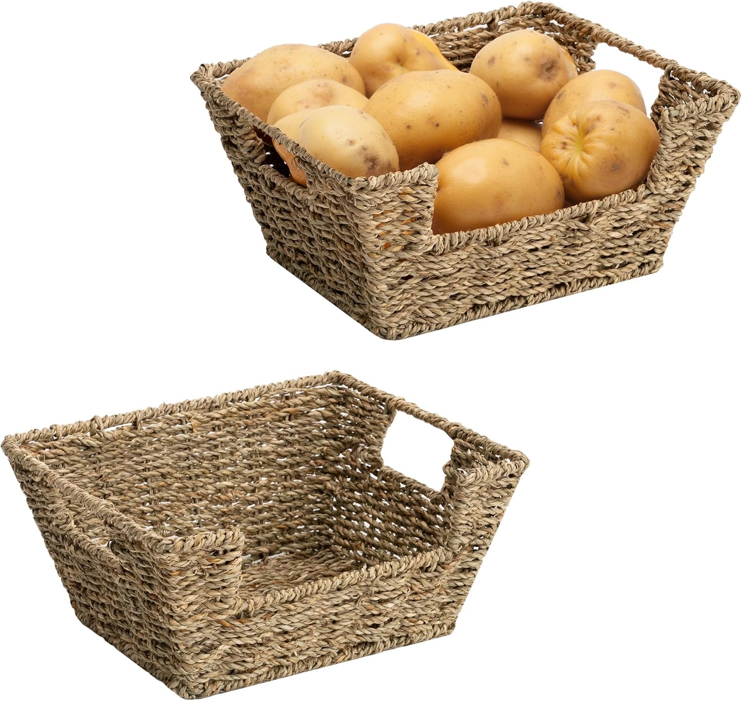 StorageWorks Small Pantry Baskets for Patato and Onion Storage, Wicker Baskets for Organizing with Built-in Handles, Seagrass Pantry Organizers and Storage for Shelves, Countertop, 2 Pack