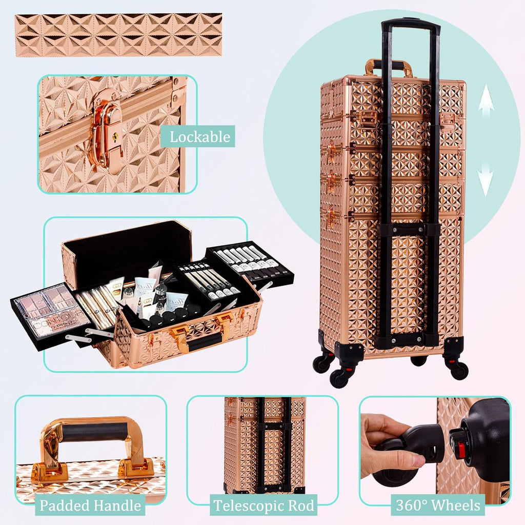 AROUS 5 in 1 Rolling Makeup Train Case Cosmetology Case on Wheels Large Cosmetic Organizer Travel Cart for Hairstylist Artist Nail Beauty Salon Barber,Gold