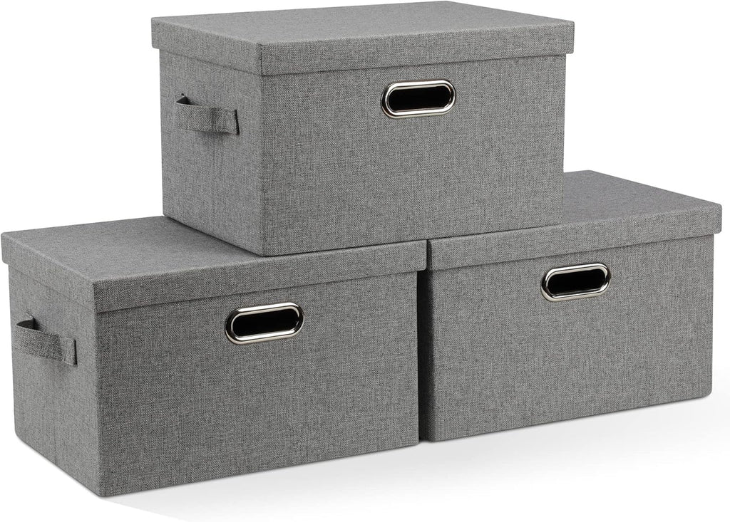 Medium 15" 21 Quart Collapsible Stackable Storage Bins with Lids, 3 Packs Grey Foldable Fabric Closet Boxes Heavy-duty Linen Cube Baskets Container for Bedroom Office (15 x 11 x 8)