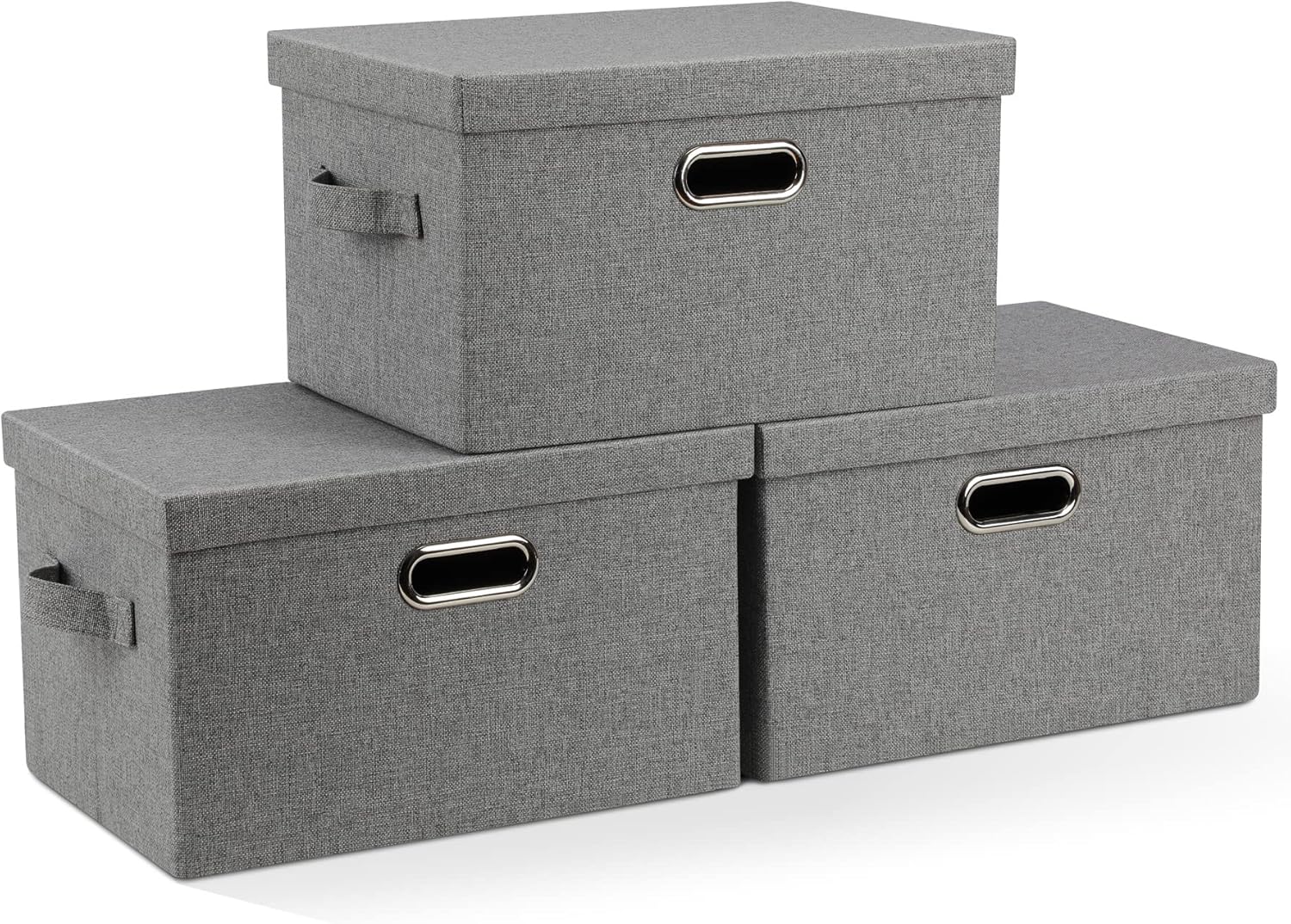 Medium 15" 21 Quart Collapsible Stackable Storage Bins with Lids, 3 Packs Grey Foldable Fabric Closet Boxes Heavy-duty Linen Cube Baskets Container for Bedroom Office (15 x 11 x 8)