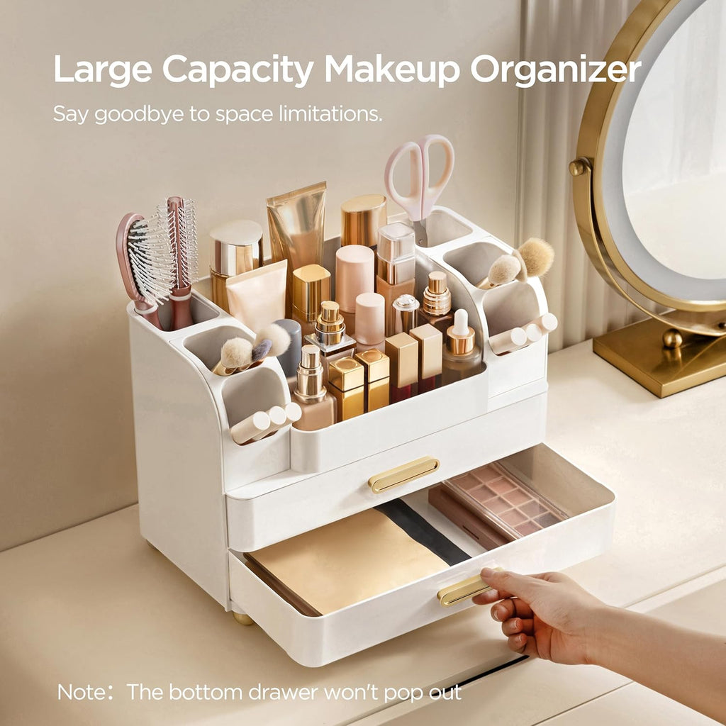HBlife Makeup Organizer for Vanity with Brush Holder, Large Bathroom Countertop Cosmetic Organizer Skin Care Storage, Easy to Store Lipsticks, Nail Polishes, Perfumes, Eyeshadow Palettes, All White