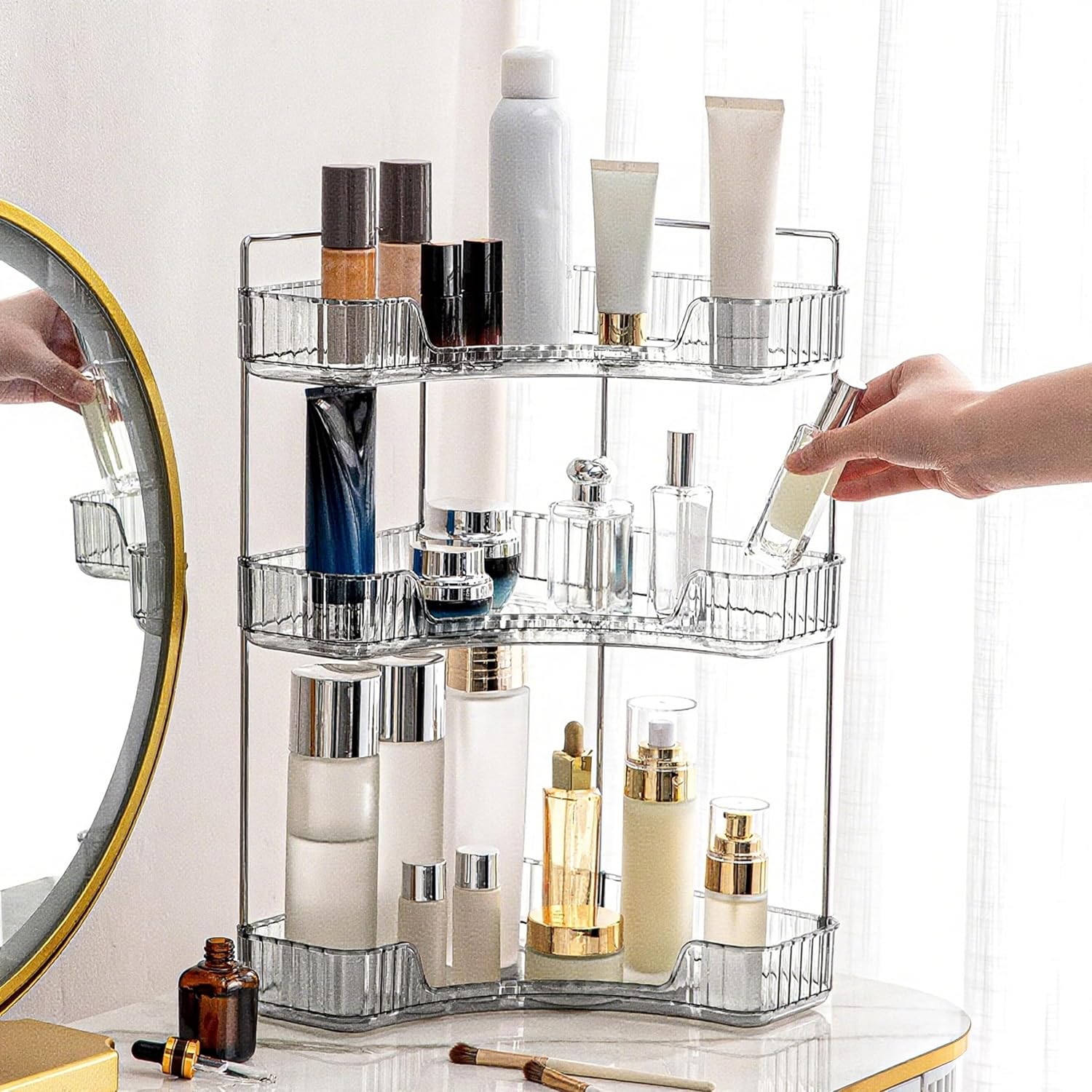 Corner Bathroom Countertop Organizer, Vanity Organizer Trays for Counter, Makeup Organizers, Perfume Tray, Skincare Shelf Storage Gifts for Women Girl Student (Smoky Gray 3 Tiers)