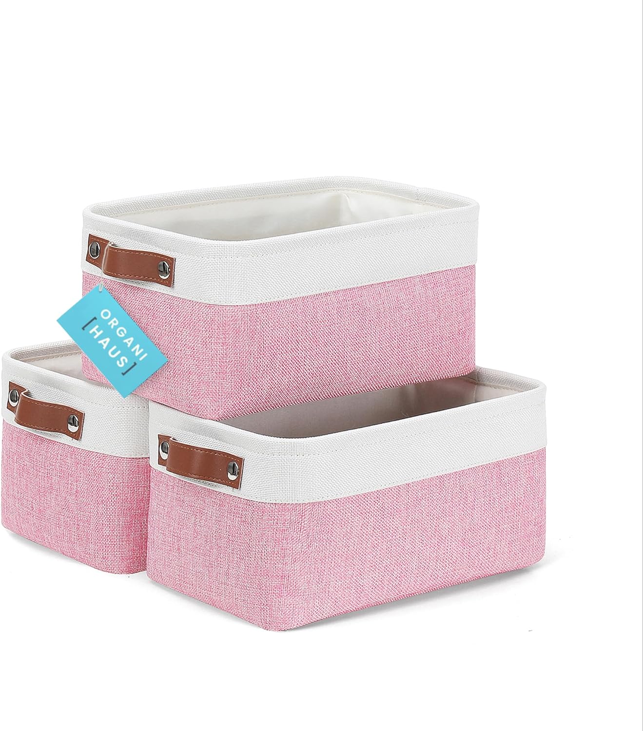 OrganiHaus Small Fabric Storage Baskets for Shelves 3 Pack, 12x08in Closet Storage Bins for Shelves, Canvas Baskets for Organizing, Linen Closet Organizers, Cloth Basket, Pink/Off-White