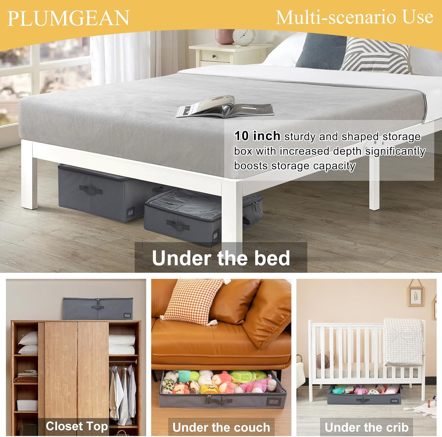 10-Inch Under Bed Storage Containers (3-Pack) | Sturdy Sidewalls | Clear Cover & Label Holder | Foldable Closet Organizer | Stores Clothing/Blankets/Wrapping Paper/Toys