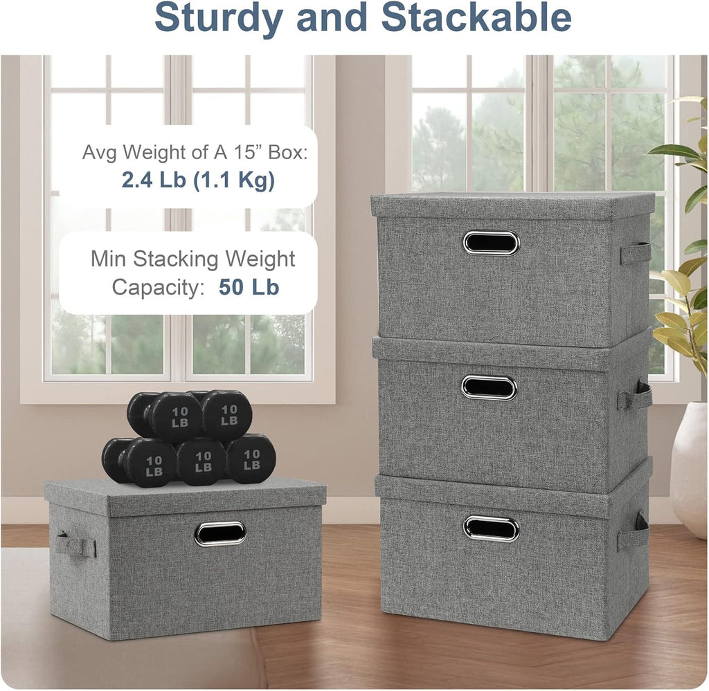 Medium 15" 21 Quart Collapsible Stackable Storage Bins with Lids, 3 Packs Grey Foldable Fabric Closet Boxes Heavy-duty Linen Cube Baskets Container for Bedroom Office (15 x 11 x 8)