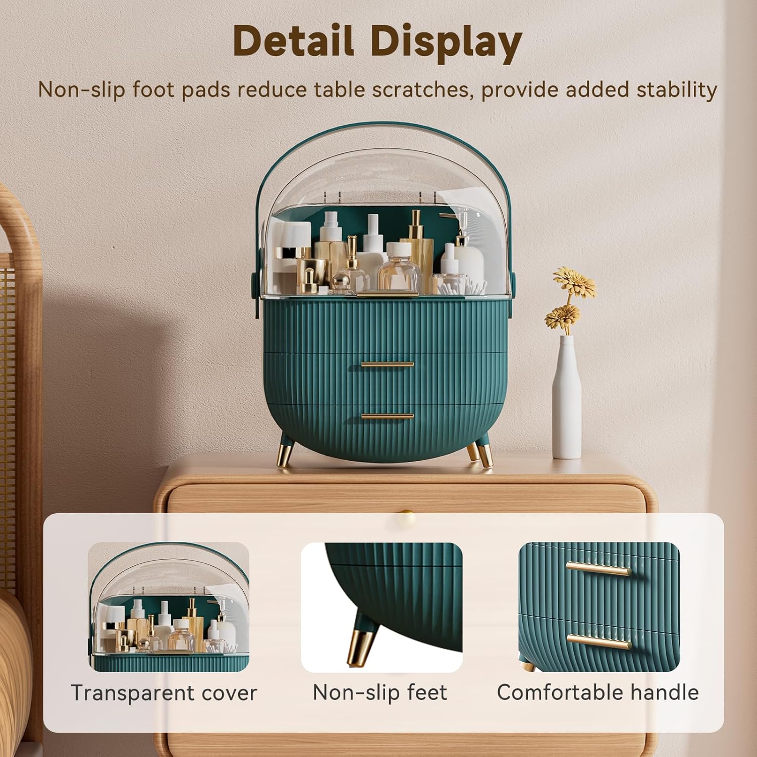 Makeup Organizers, Make Up Organizer for Vanity, Countertop Cosmetic Storage with Drawers and Transparent Cover for Bedroom Bathroom, Green