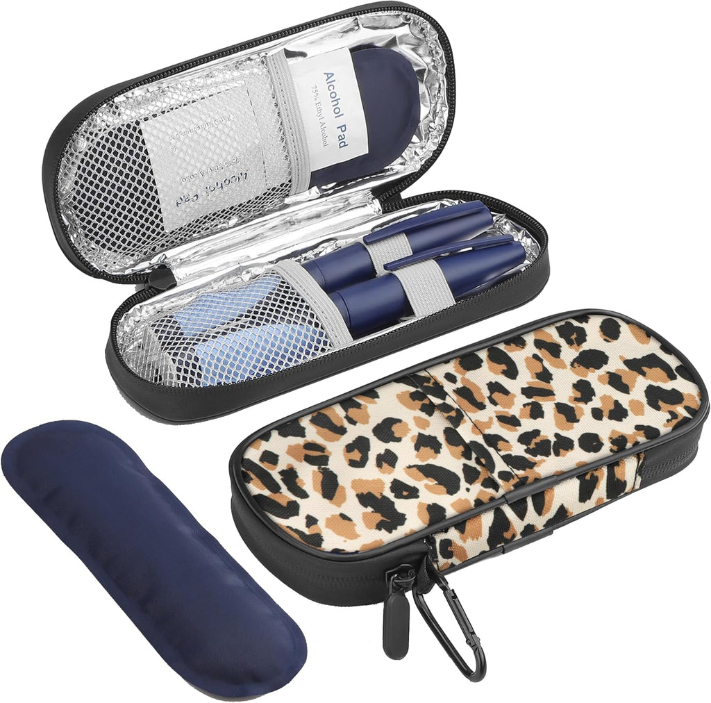 Insulin Cooler Travel Case Diabetic Medication Insulated Cool Organizer with 2 Reusable Ice Packs for Insulin Pen and Other Diabetic Supplies, for The Daily Life and Trip, Leopard Print