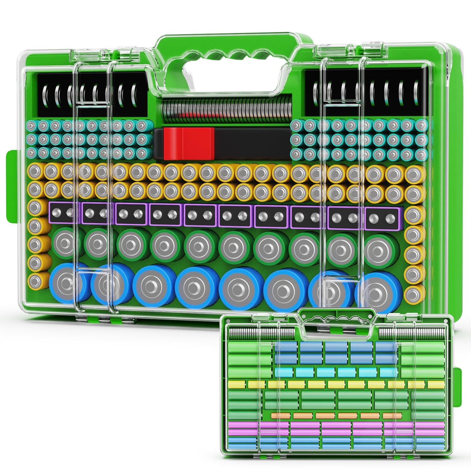 Battery Organizer Storage Holder Box Case with Tester, Ultra-Large 280+ Batteries Double-Sided Variety Pack,Holds AA AAA 4A C D Cell 9V 3V Lithium18650 LR44 CR2 CR123 CR1632 - Green