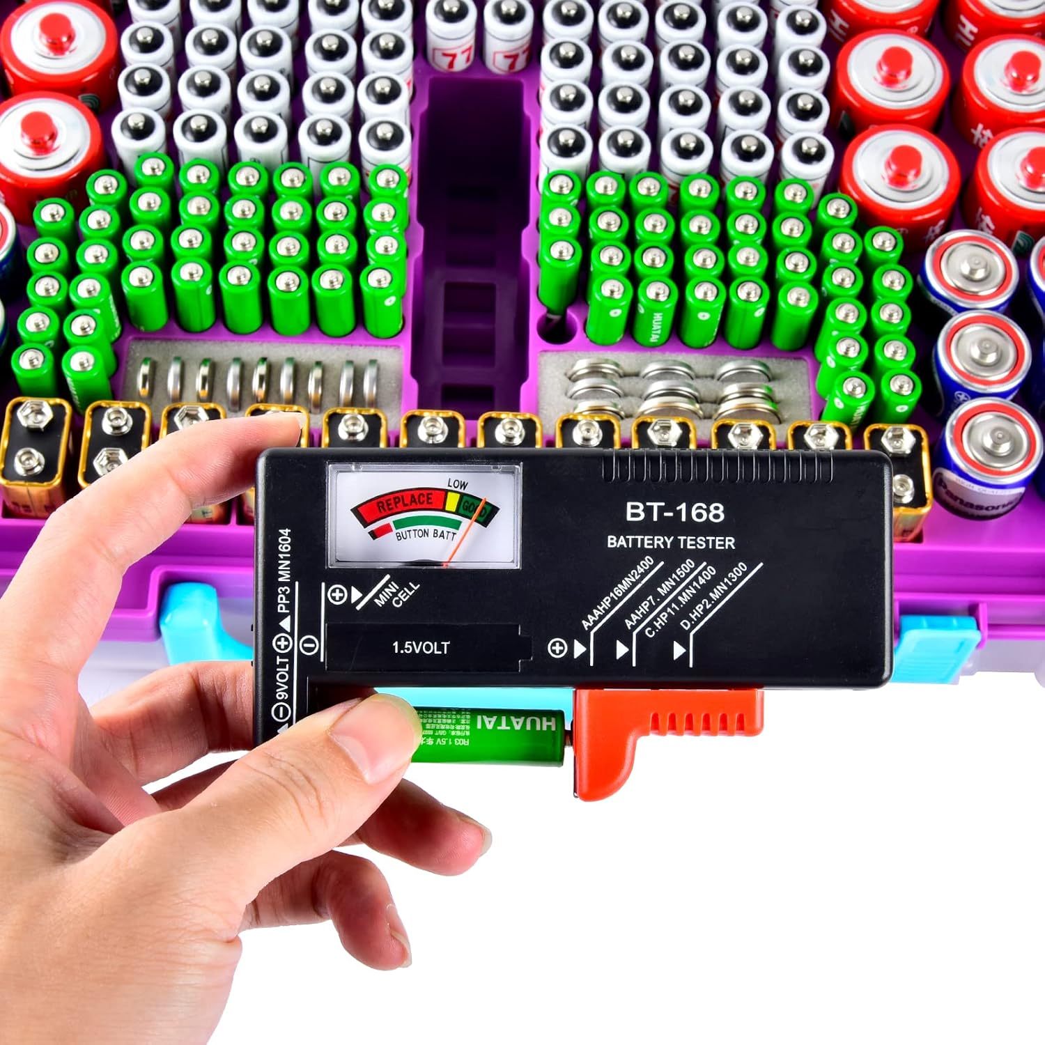 Battery Storage Organizer Case Holder Box with Tester, Double-Sided Batteries Fits for 269 Caddy Container AA AAA AAAA 3A 4A 9V C D Lithium 23A 4LR44 CR123A CR1632 CR2032 - Purple