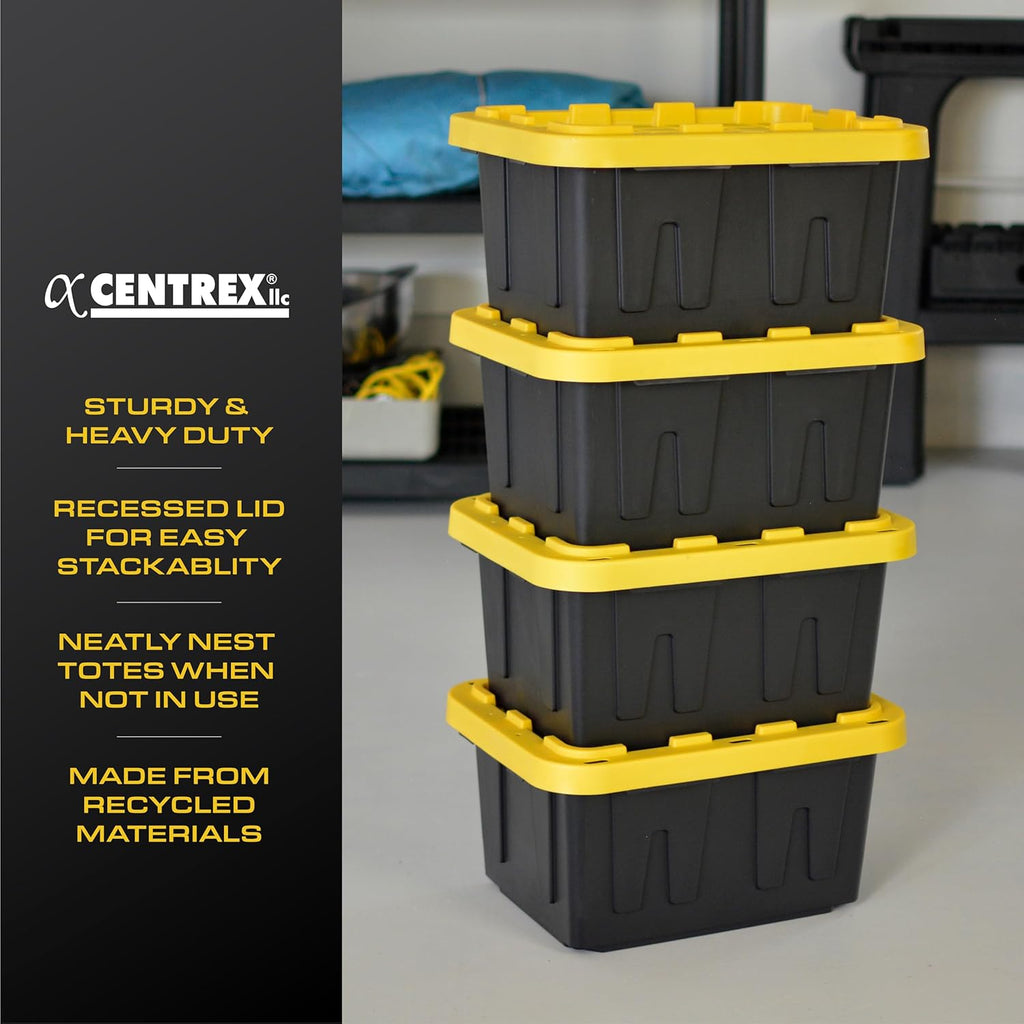 BLACK & YELLOW, 5-Gallon Heavy Duty Tough Storage Container & Snap-Tight Lid, (8.6"H x 12.3"W x 16.4"D), Weather-Resistant Design and Stackable Organization Tote [6 Pack]
