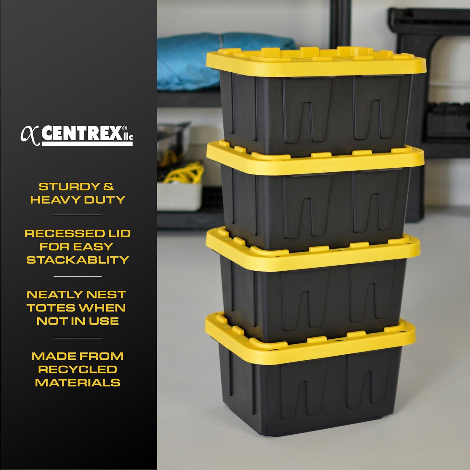 BLACK & YELLOW, 5-Gallon Heavy Duty Tough Storage Container & Snap-Tight Lid, (8.6"H x 12.3"W x 16.4"D), Weather-Resistant Design and Stackable Organization Tote [6 Pack]