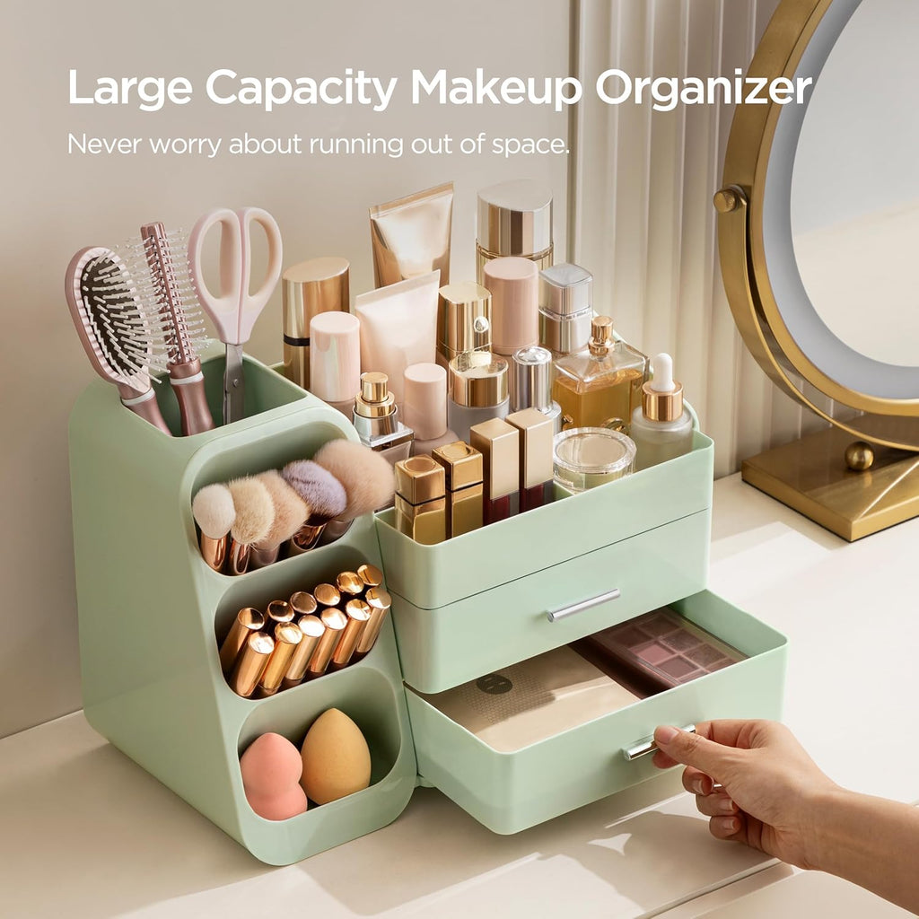 HBlife Makeup Organizer with Brush Holder for Vanity, Large Plastic Bathroom Countertop Organizer Skin Care Storage, Easy to Store Lipsticks, Nail Polishes, Perfumes, Eyeshadow Palettes, All Green