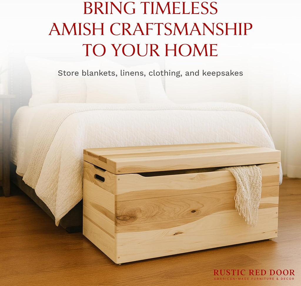 Amish Made Wooden Storage Chest Trunk Box with Lid and Handles for Bedroolanket, Clothes, Anti-Slam Hinges, Handmade, Rustic Hickory Wood, Natural Stain, 36"