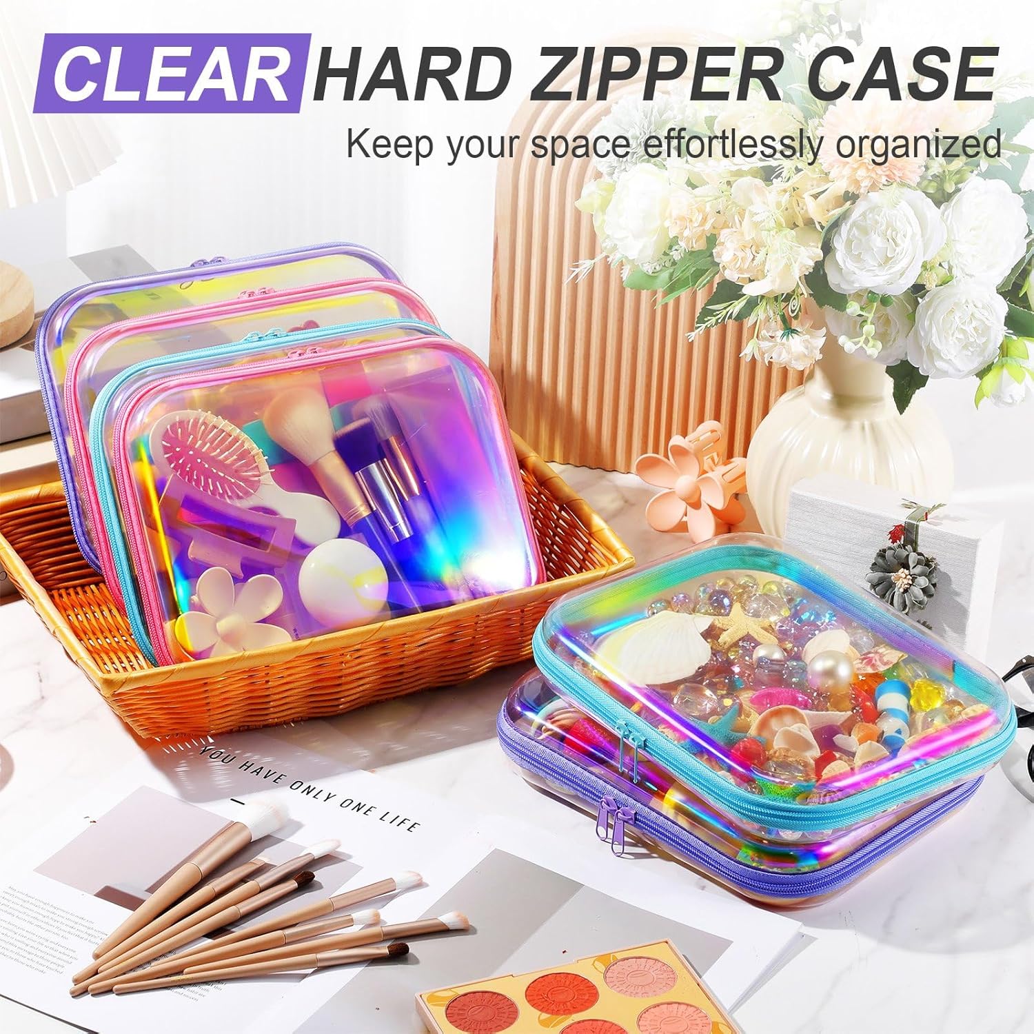 Sanwuta 6 Pcs Clear Hard Zipper Case Hard Plastic Zipper Pouches Transparent Makeup Bag Pencil Pouches for Travel Snacks Christmas Trinket Storage Organizer Box(Holographic,9.84 x 7.87 x 2 Inch)