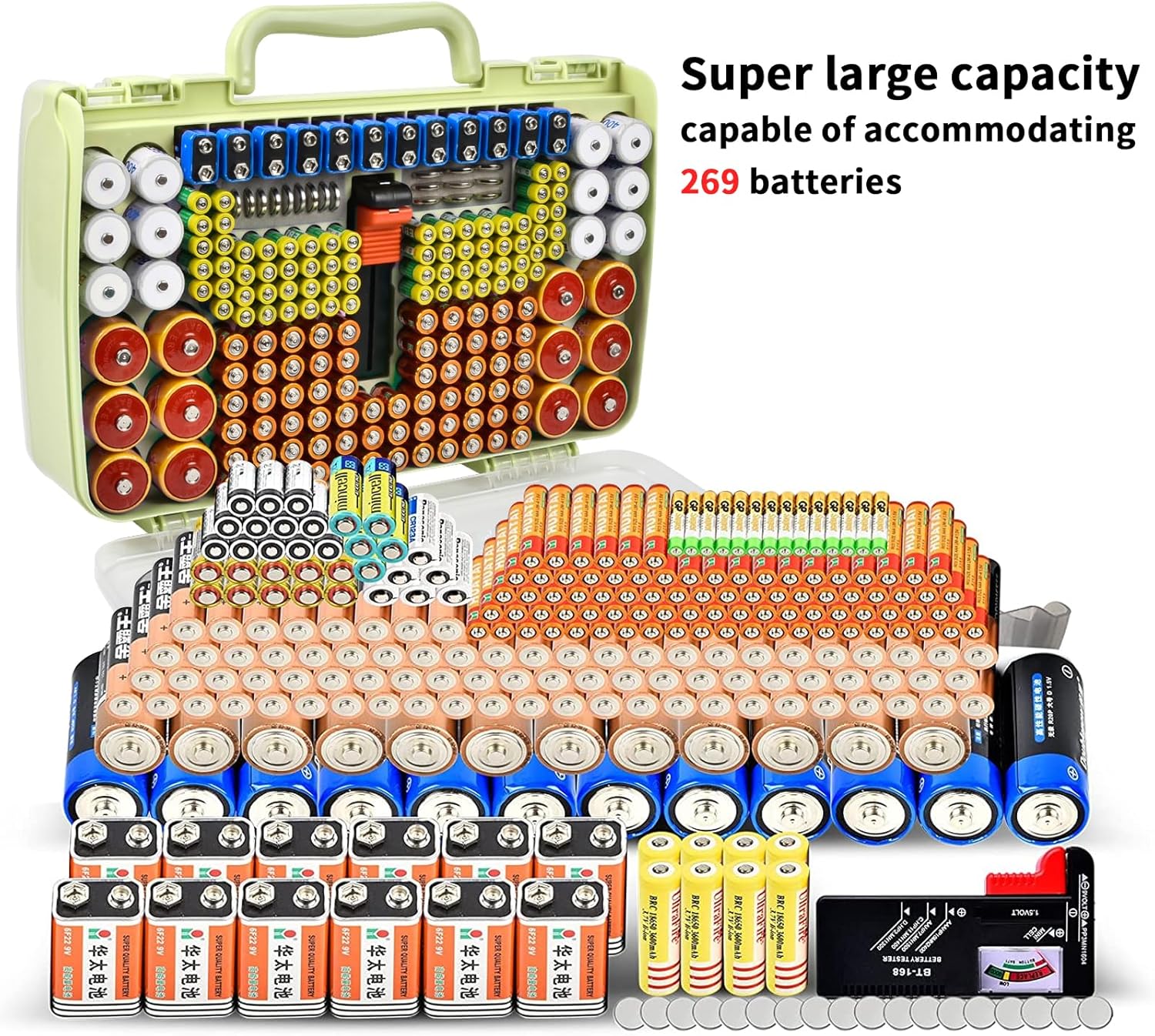 Battery Organizer Storage Holder Box Case with Tester- 269 Batteries Double-Sided Variety Pack, Holds AA AAA 4A C D Cell 9V 3V Lithium LR44 CR2 CR123 CR1632 18650 Button- Green (Box Only)
