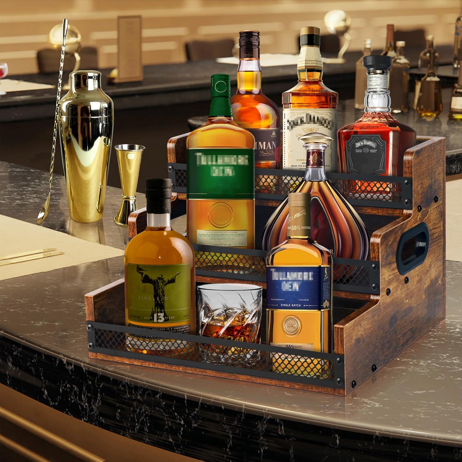 Liquor Bottle Display Shelf, Coffee Syrup Rack Organizer, 3 Step Countertop Liquor Wine Rack, 12 Bottles Coffee Station Organizer with Fences & Handles, Home Retro Bar Shelf Stand for Liquor Whiskey