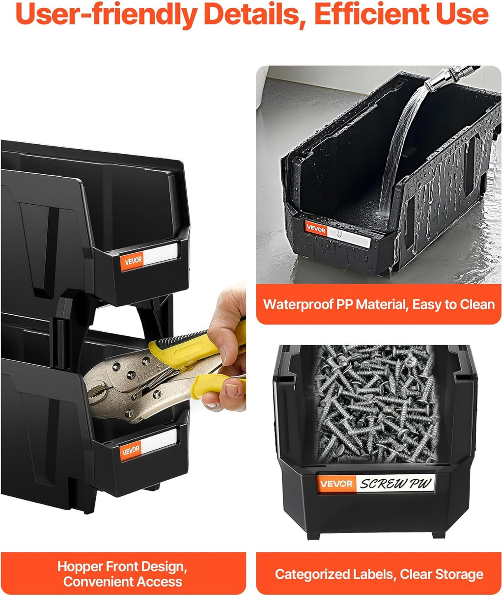 VEVOR Plastic Stackable Storage Bins, 10.9 x 5.5 x 5.1 inch (8 Pack), Plastic Containers for Organizing and Storage Bins for Closet, Garage, Small Parts, Office Supplies and Other Accessories, Black