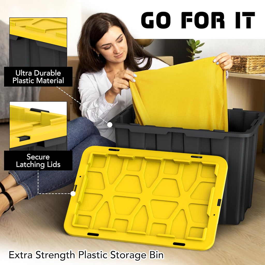 Lifetime Home 4 PACK of X-Large 23 Gallon Plastic Storage Bin Tote Organizing Container with Secure Latching Lids, Stackable, Extra Strength with Built in Handle - Black & Yellow