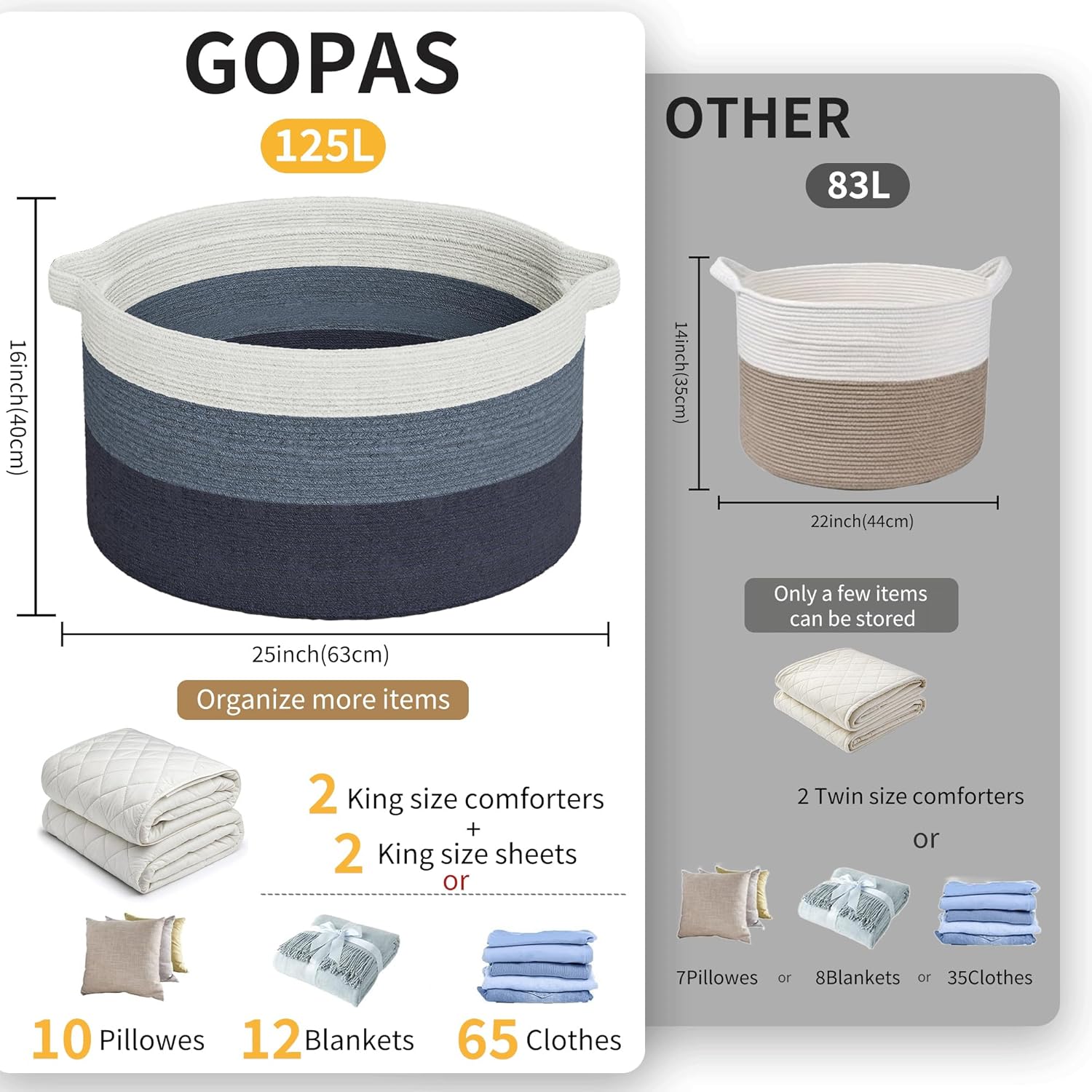 125L Extra Large Blanket Basket, 25" x 16", Jumbo Laundry Woven Cotton Rope Basket with Handles, Baby Toy Storage, Gradual Blue