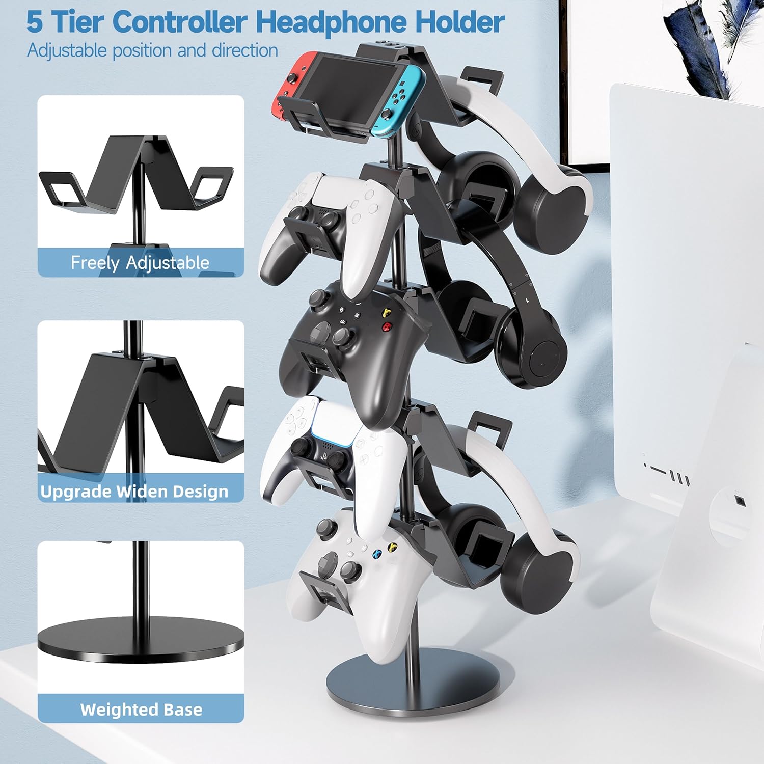 Controller Stand,5 Tier Controller Headphone Holder for Universal Headsets and Controllers,Black