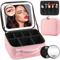 Makeup Case with Mirror and Lights, Travel Makeup Bag with Lighted Mirror, Make up Case with LED Mirror & Adjustable Dividers, Portable Cosmetic Organizer Bag Gift for Women(Pink)