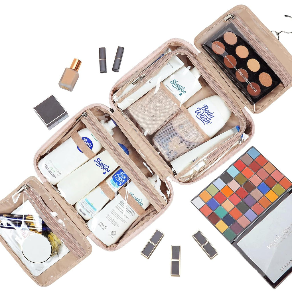 NISHEL Travel Toiletry Bag for Women, Makeup Essentials Organizer, Hanging Case for Accessories, Cosmetics, Large Size, Pink