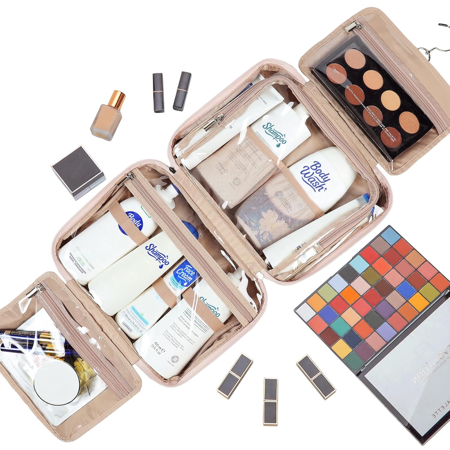 NISHEL Travel Toiletry Bag for Women, Makeup Essentials Organizer, Hanging Case for Accessories, Cosmetics, Large Size, Pink