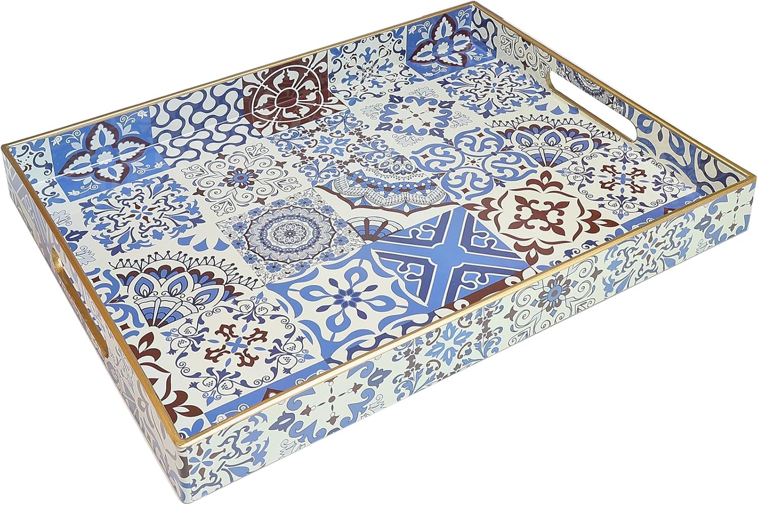 Spsyrine Decorative Serving Tray with Handles, Lacquered Coffee Table Tray for Ottoman, Rectangular Waterproof Platters for Centerpieces, Parties, Living Room, Kitchen Counter Organization SP3040RE1
