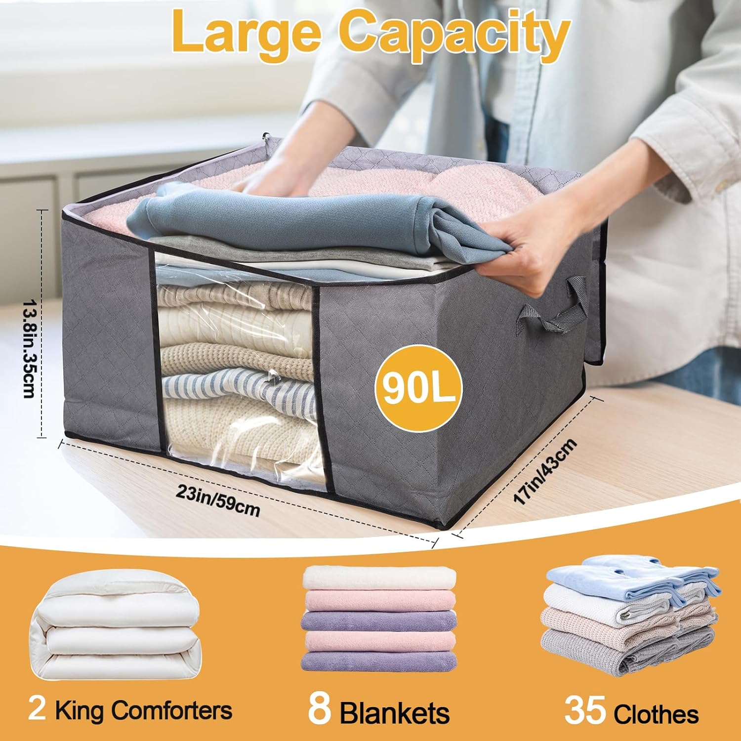 10 Pack Clothes Storage Bags, 90L Large Blanket Storage Bag Comforter Storage Bin with Reinforced Handle and Lid Foldable Closet Organizer and Storage Containers for Bedding Pillows Sheets and Duvet