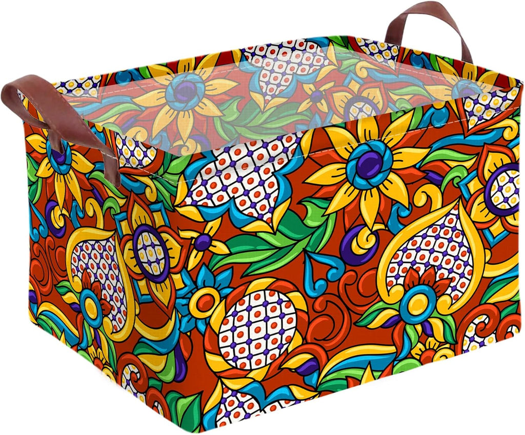 Mexican Talavera Storage Basket Waterproof Canvas Toy Storage Bin Mexican Decor Collapsible Outdoor Basket with Leather Handles Talavera Decor Blanket Baskets For Closets,Bedrooms,Gifts Baskets