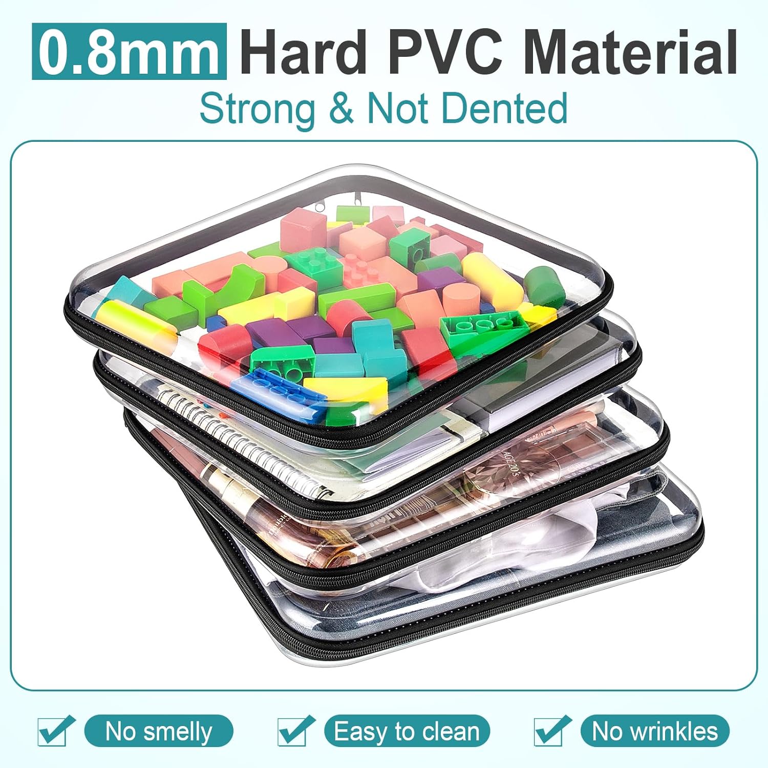 Sanwuta 6 Pcs Clear Hard Zipper Case Hard Plastic Zipper Pouches Transparent Makeup Bag Pencil Pouches for Travel Snacks Christmas Trinket Storage Organizer Box(Black,13.78 x 11.81 x 2 Inch)