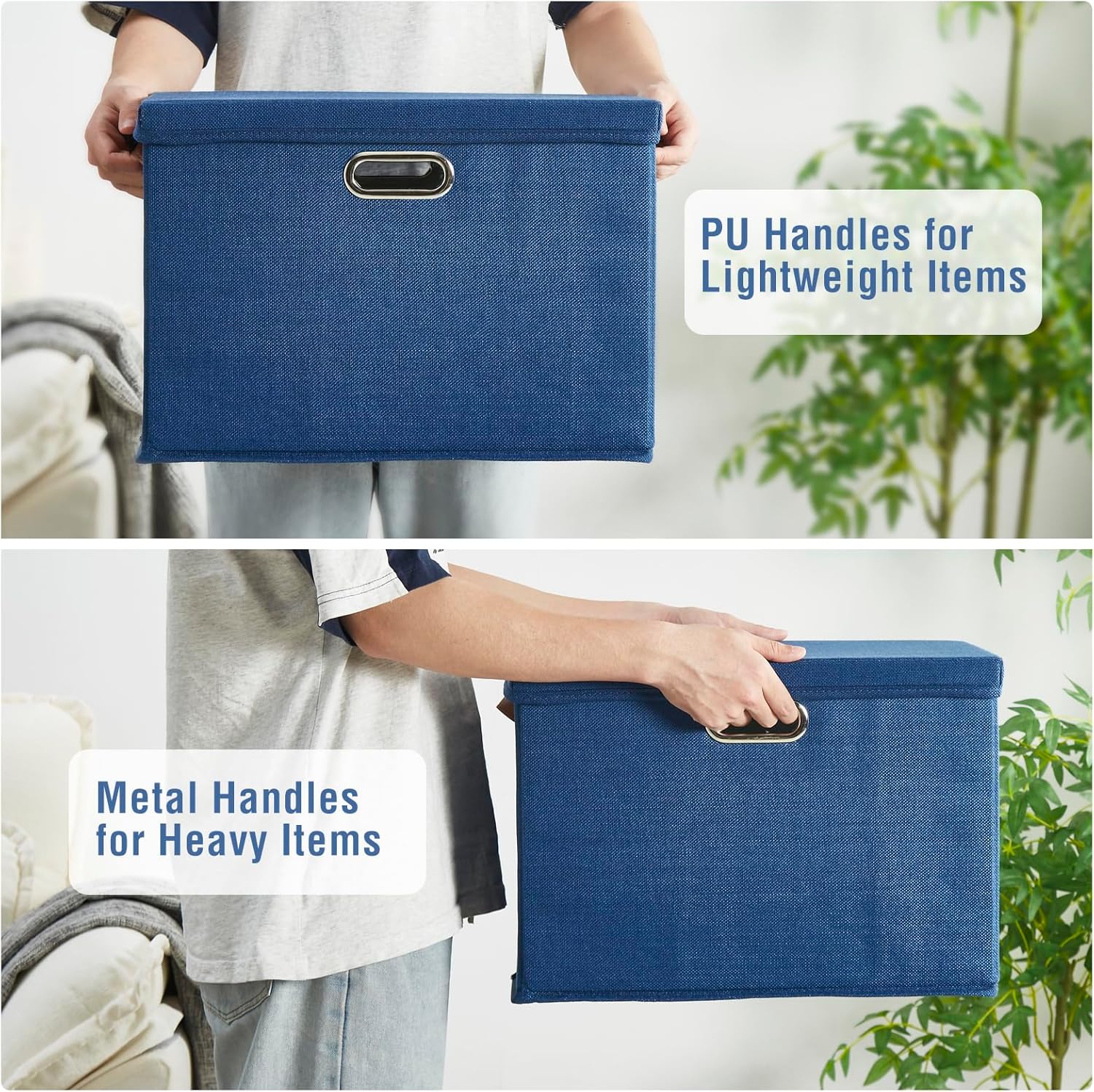 17" Large Collapsible Storage Bins with Lids, Stackable Closet Organizers with PU Handle and Labels, 3-Pack Decorative Fabric Storage Boxes for Home, Bedroom, Closet, Office, Nursery(Navy)