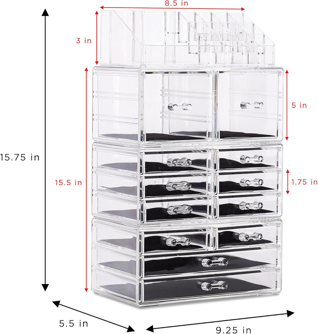 Sorbus Large Makeup Organizer - Clear Stackable Jewelry Makeup Organizer for Vanity, Bathroom Storage Display Case - 12 Drawers Cosmetic Beauty Organizers and Storage with Lipstick Makeup Brush Holder