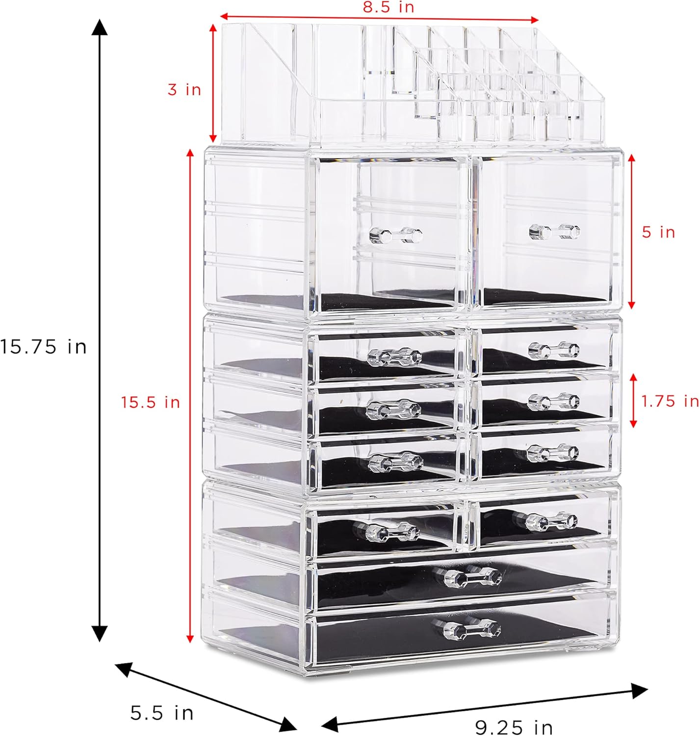 Sorbus Large Makeup Organizer - Clear Stackable Jewelry Makeup Organizer for Vanity, Bathroom Storage Display Case - 12 Drawers Cosmetic Beauty Organizers and Storage with Lipstick Makeup Brush Holder