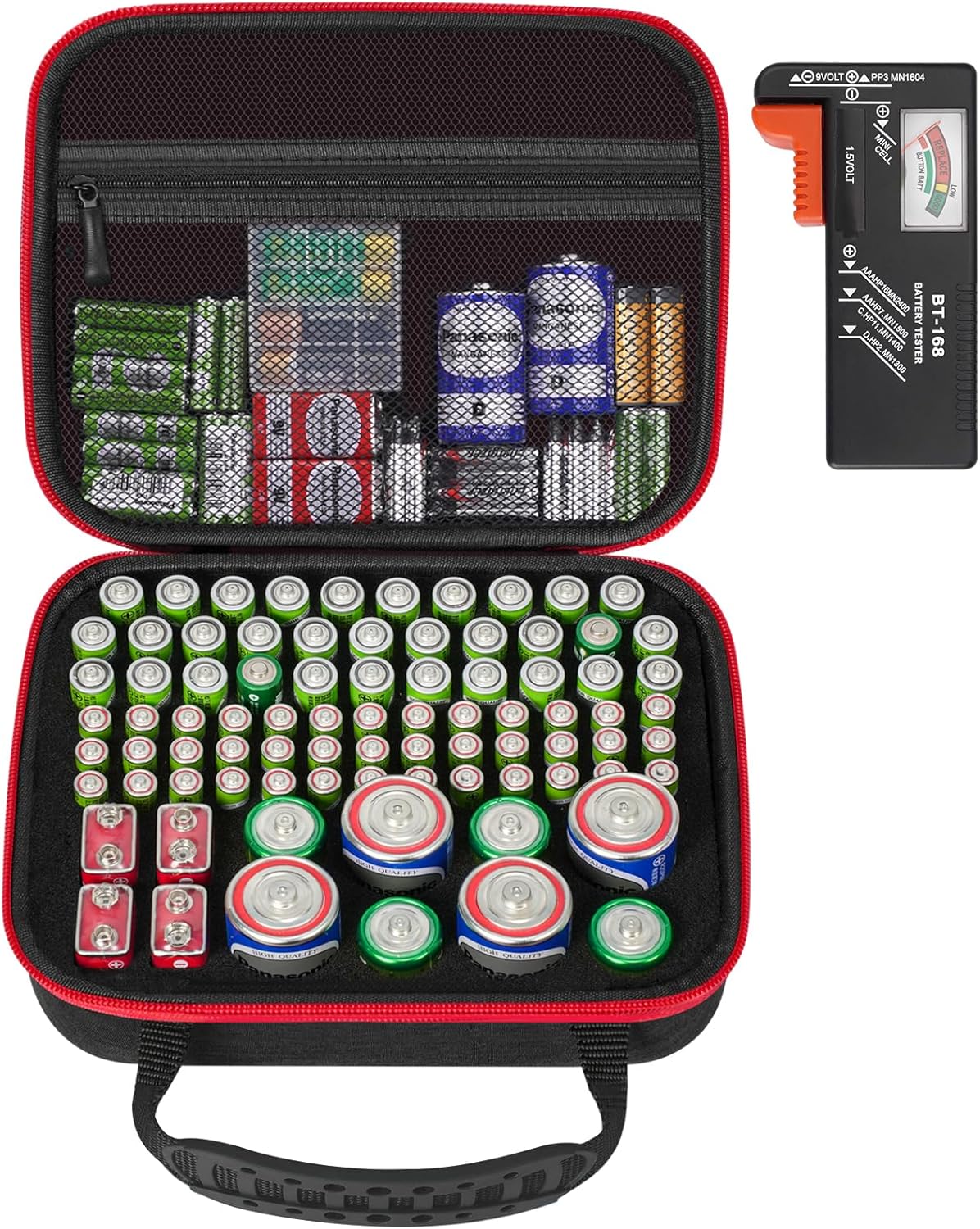 Battery Organizer Storage Case, Large Waterproof Carrying Bag Containers Box Holder Holds 83+ Batteries AA AAA C D 9V 3V - with Battery Tester BT-168, Black&Red (Case Only)