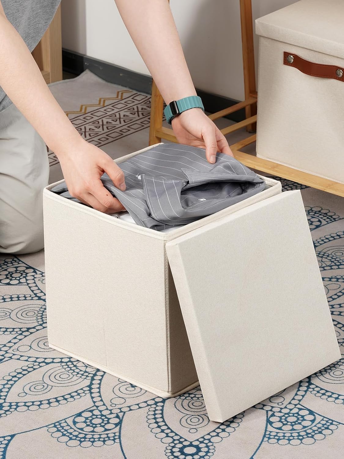 Temary Foldable Fabric Storage Bins with Lids, 2-Pack Storage Bin for Organizing Living Room, Closet Organization, Multi-Purpose Storage Boxes for Clothes (Beige, 10.5x10.5x10.5 inch)