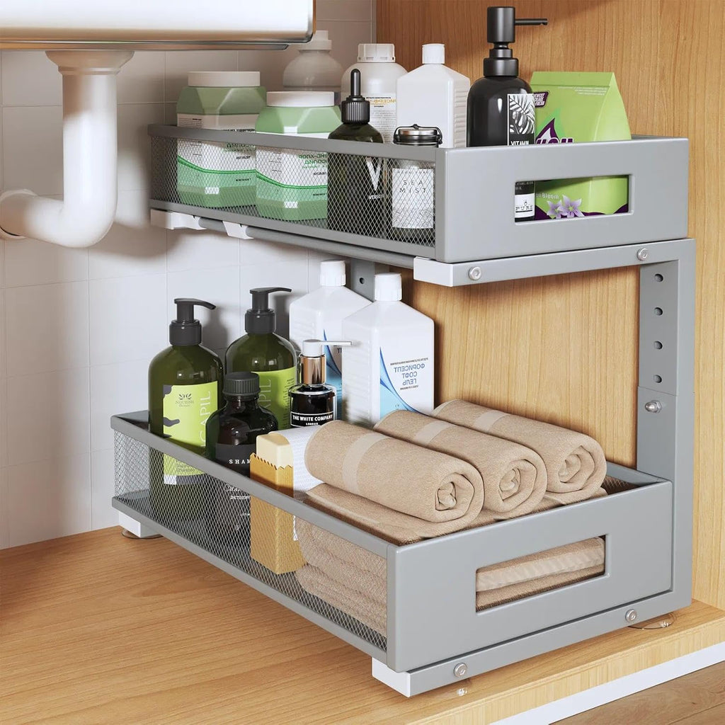 1 Pack 17IN Depth Under Sink Organizer, 2-Tier Pull Out Cabinet Organizer With Smooth Circular Rail, Large Capacity Metal Mesh Sliding Drawers For Bathroom& Kitchen Storage,Height Adjustable-Gun Gray