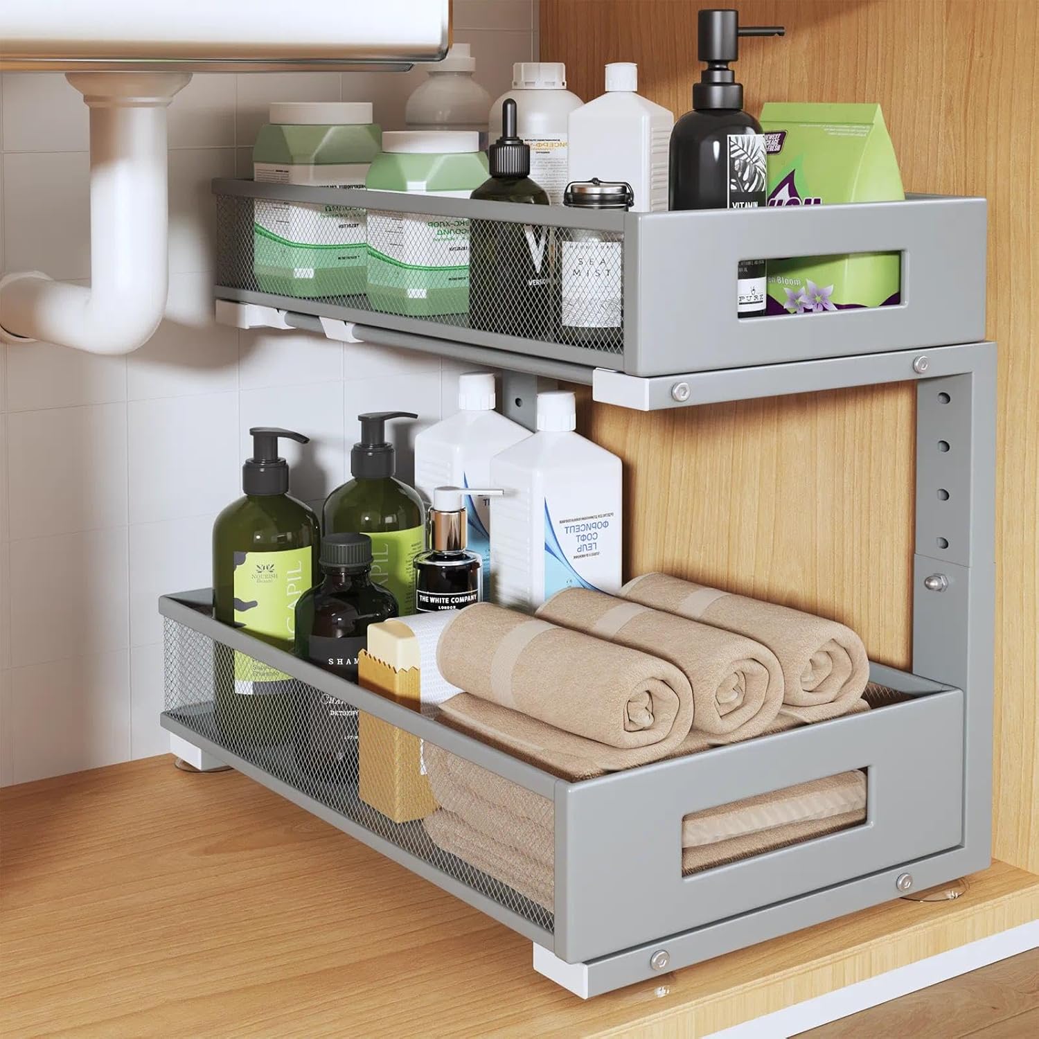 1 Pack 17IN Depth Under Sink Organizer, 2-Tier Pull Out Cabinet Organizer With Smooth Circular Rail, Large Capacity Metal Mesh Sliding Drawers For Bathroom& Kitchen Storage,Height Adjustable-Gun Gray