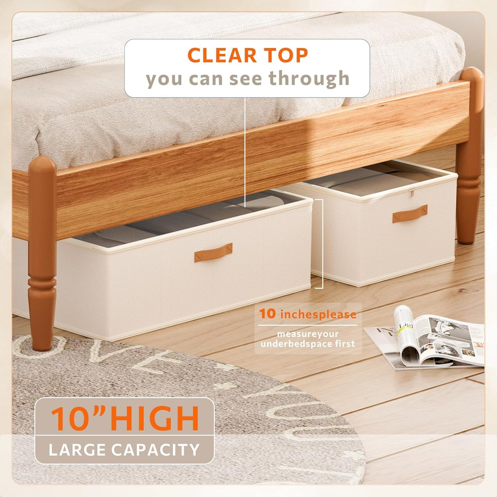 10 Inch 2 Pack Under Bed Storage Containers, 10 Inch Tall Underbed Clothes Storage Organizer Bin with Clear Window，Foldable Box Basket for Clothes, Closet, Bed Sheets and Blankets White
