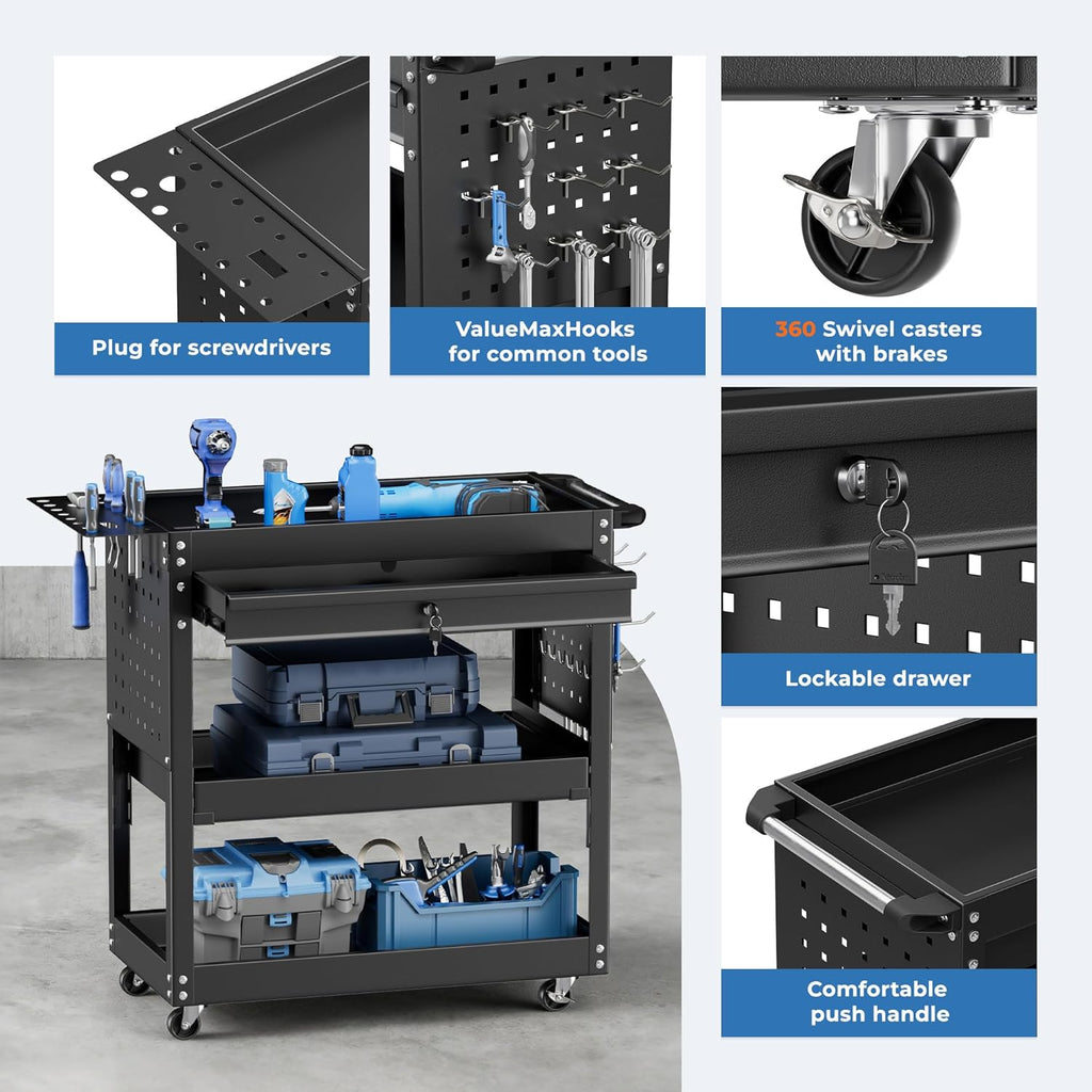 INTERGREAT Rolling Tool Cart, Heavy Duty Utility Cart on Wheels, Industrial Mechanic Carts with Drawers and Pegboard, 3-Tier Tool Storage Cart for Garage, Warehouse, Black