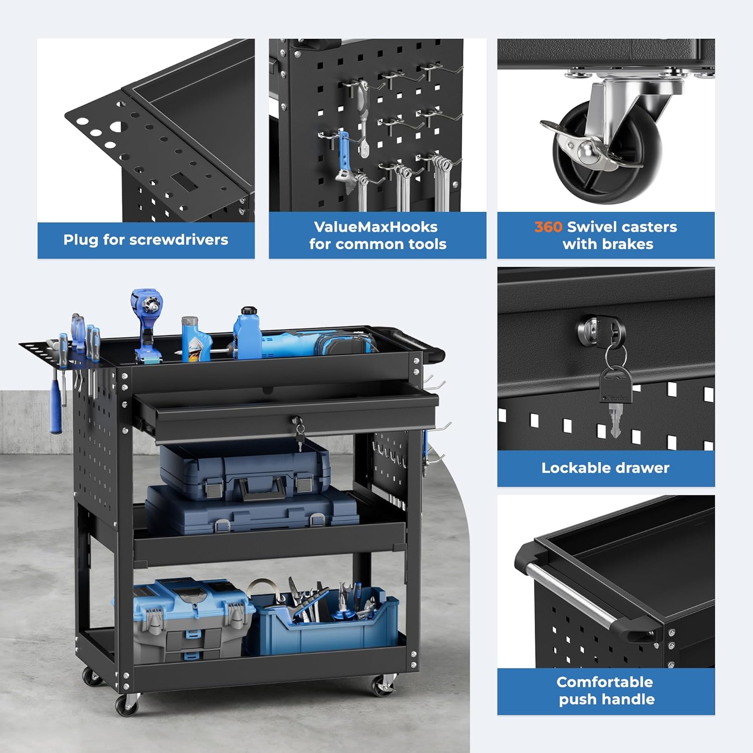 INTERGREAT Rolling Tool Cart, Heavy Duty Utility Cart on Wheels, Industrial Mechanic Carts with Drawers and Pegboard, 3-Tier Tool Storage Cart for Garage, Warehouse, Black