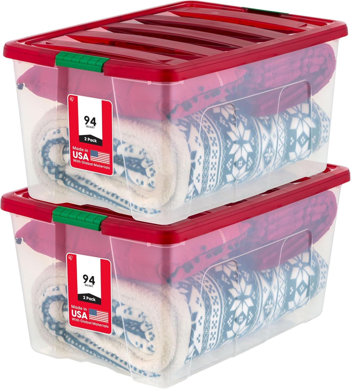 IRIS USA 94 Qt. Stackable Plastic Storage Bins with Lids, 2 Pack - BPA-Free, See-Through Organizing Solution, Latches, Durable Nestable Containers, Secure Pull Handle, Made in USA - Red