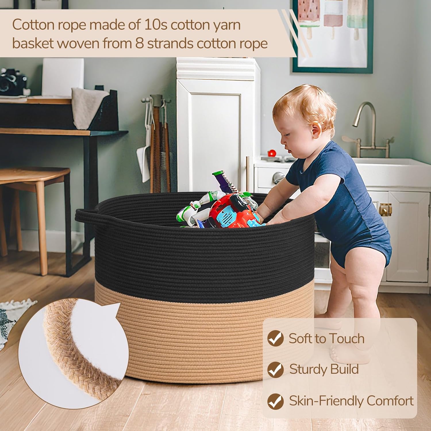 INDRESSME 115L Extra Large Cotton Rope Blanket Basket for Nursery, Boho Decor Baby Laundry Baskets for Kids Toy Organizer Storage Bin for Dirty Clothes Pillows Towel, Black & Camel