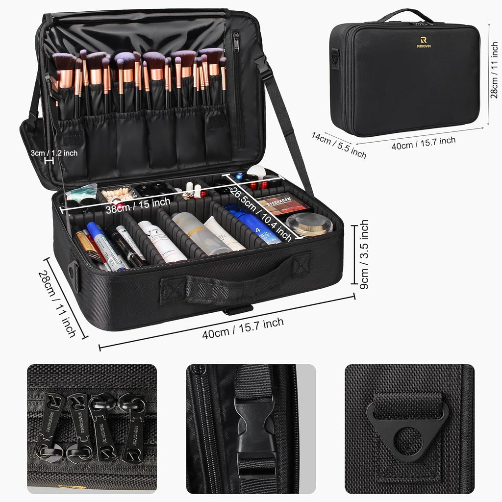 Relavel Makeup Case Large Makeup Bag Professional Train Case 16.5 inches Travel Cosmetic Organizer Brush Holder Waterproof Makeup Artist Storage Box, 3 Layer Large Capacity, with Adjustable Strap