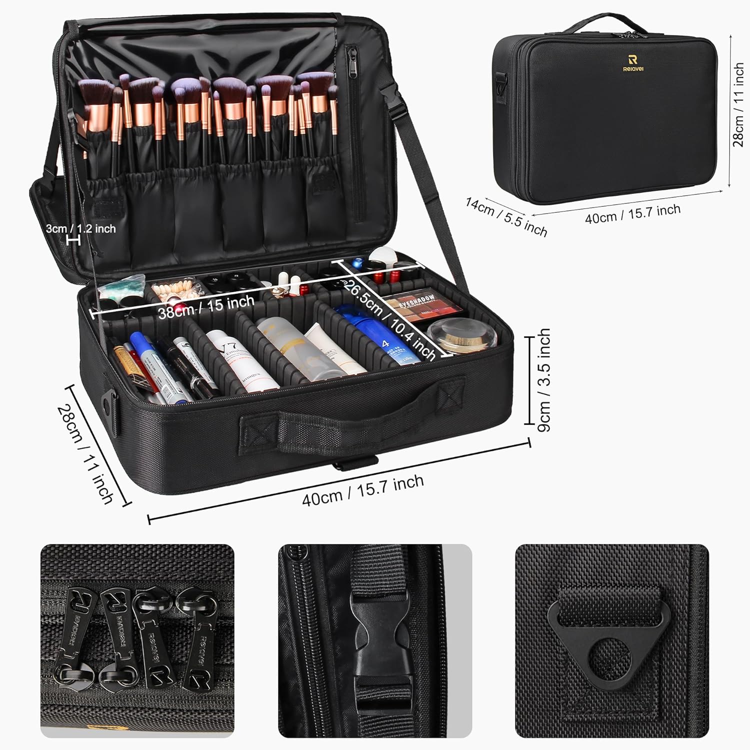 Relavel Makeup Case Large Makeup Bag Professional Train Case 16.5 inches Travel Cosmetic Organizer Brush Holder Waterproof Makeup Artist Storage Box, 3 Layer Large Capacity, with Adjustable Strap