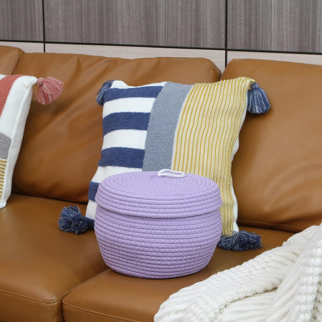 Sea Team Round Cotton Rope Storage Basket with Lid, Decorative Woven Storage Bin, Pot, Caddy, Organizer, Container for Snacks, Towels, Plants, 10 x 7.5 Inches (Small, Lavender)